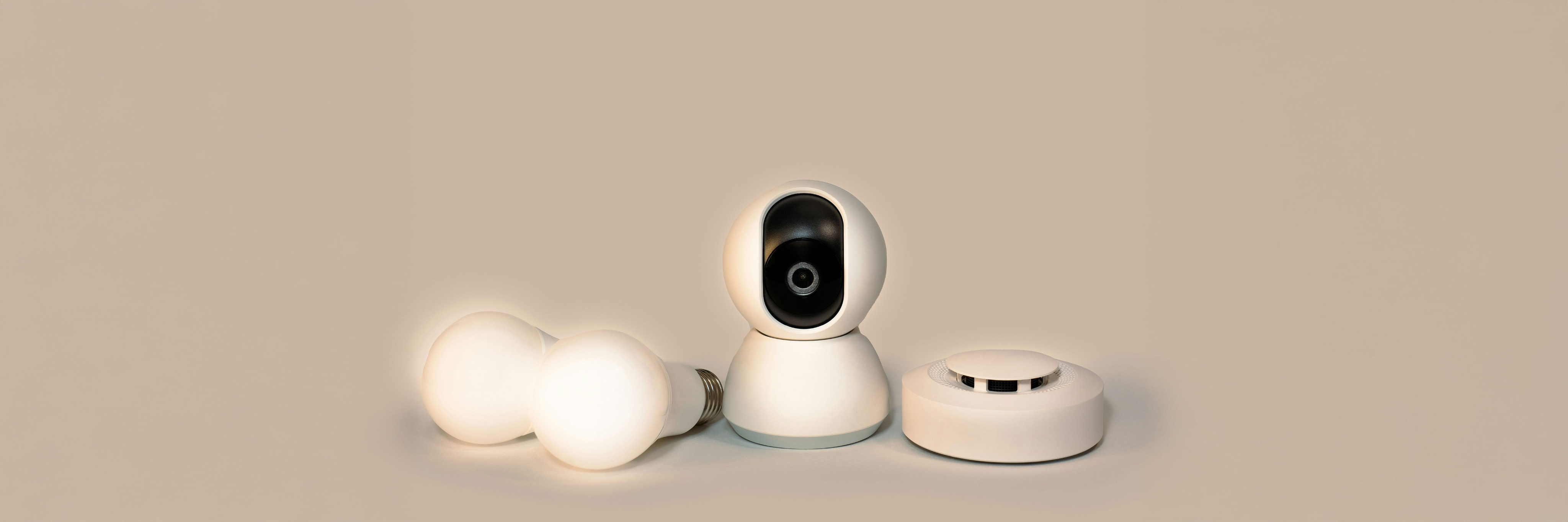 Smart light bulbs, security camera, and smoke detector.
