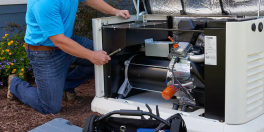 Person installing and doing maintenance on Generac generator outside.